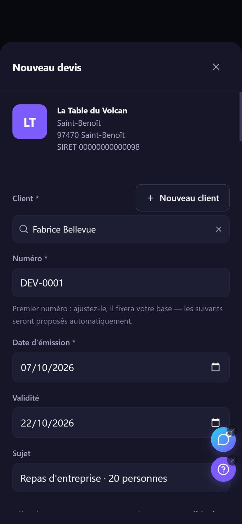 Écran réel ZenteQ : nouveau devis, client et sujet, mode sombre