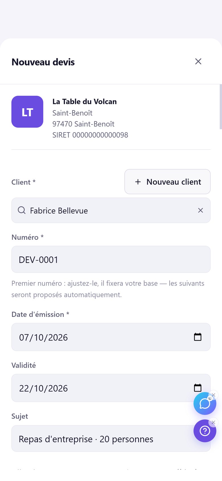 Écran réel ZenteQ : nouveau devis, client et sujet, mode clair