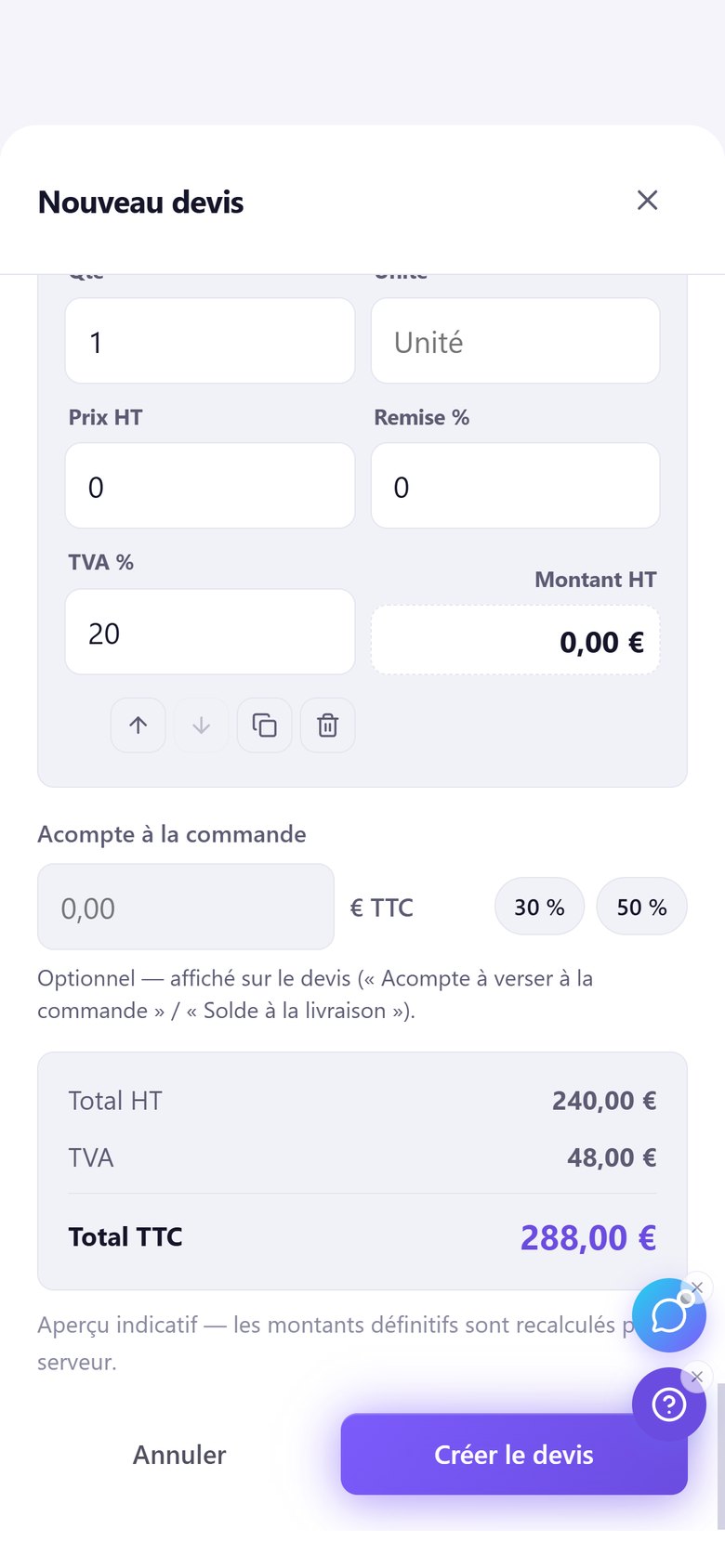 Écran réel ZenteQ : total du devis, mode clair