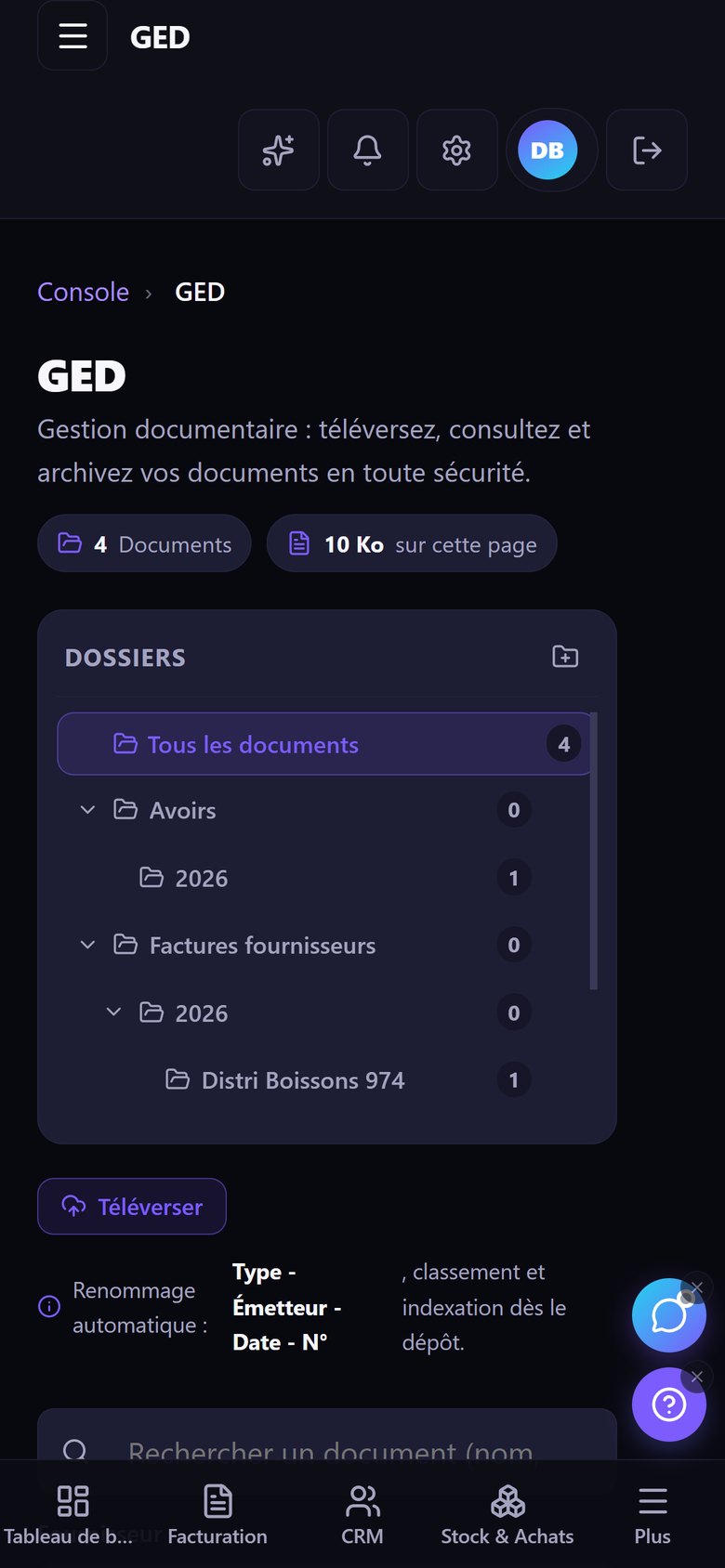 Écran réel ZenteQ : arborescence des dossiers GED, mode sombre