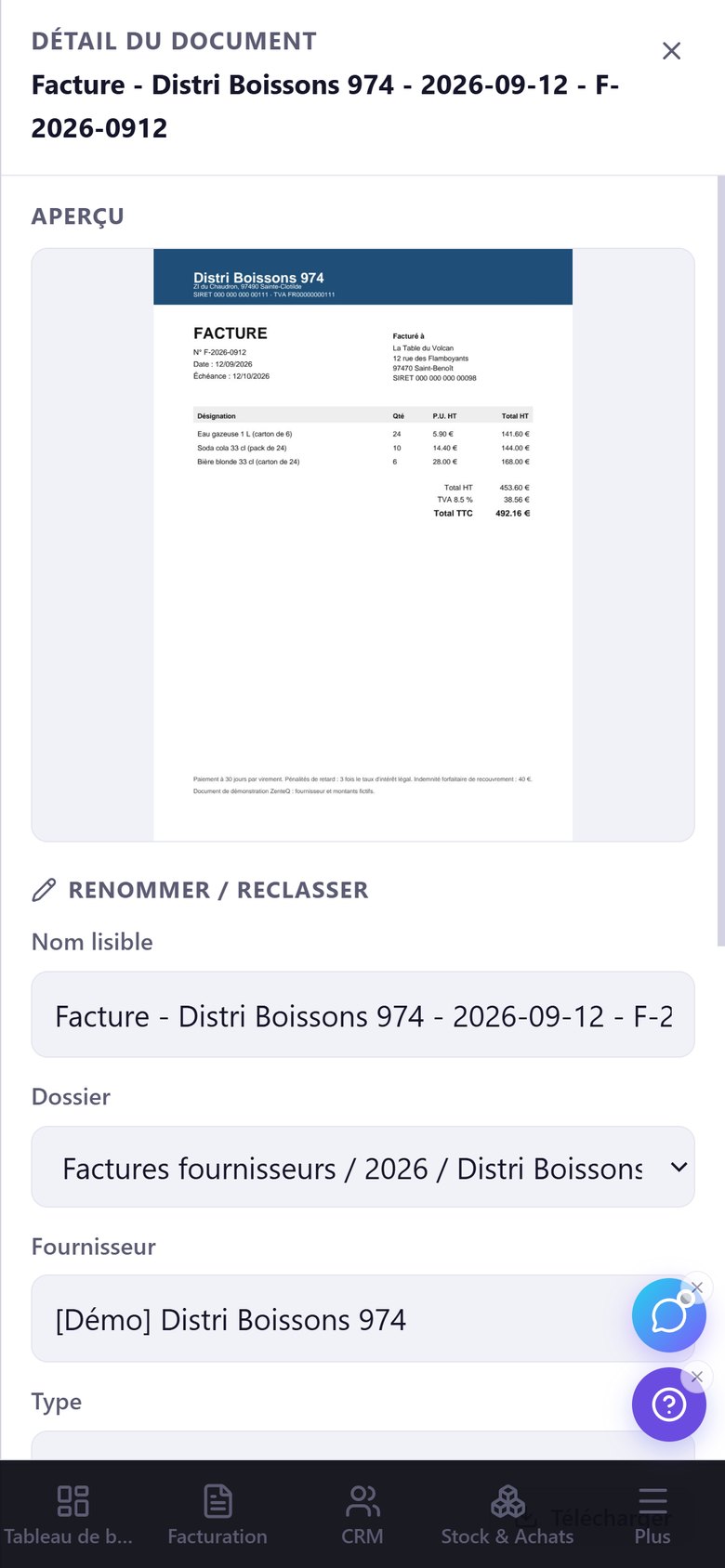 Écran réel ZenteQ : fiche d'une facture fournisseur, mode clair