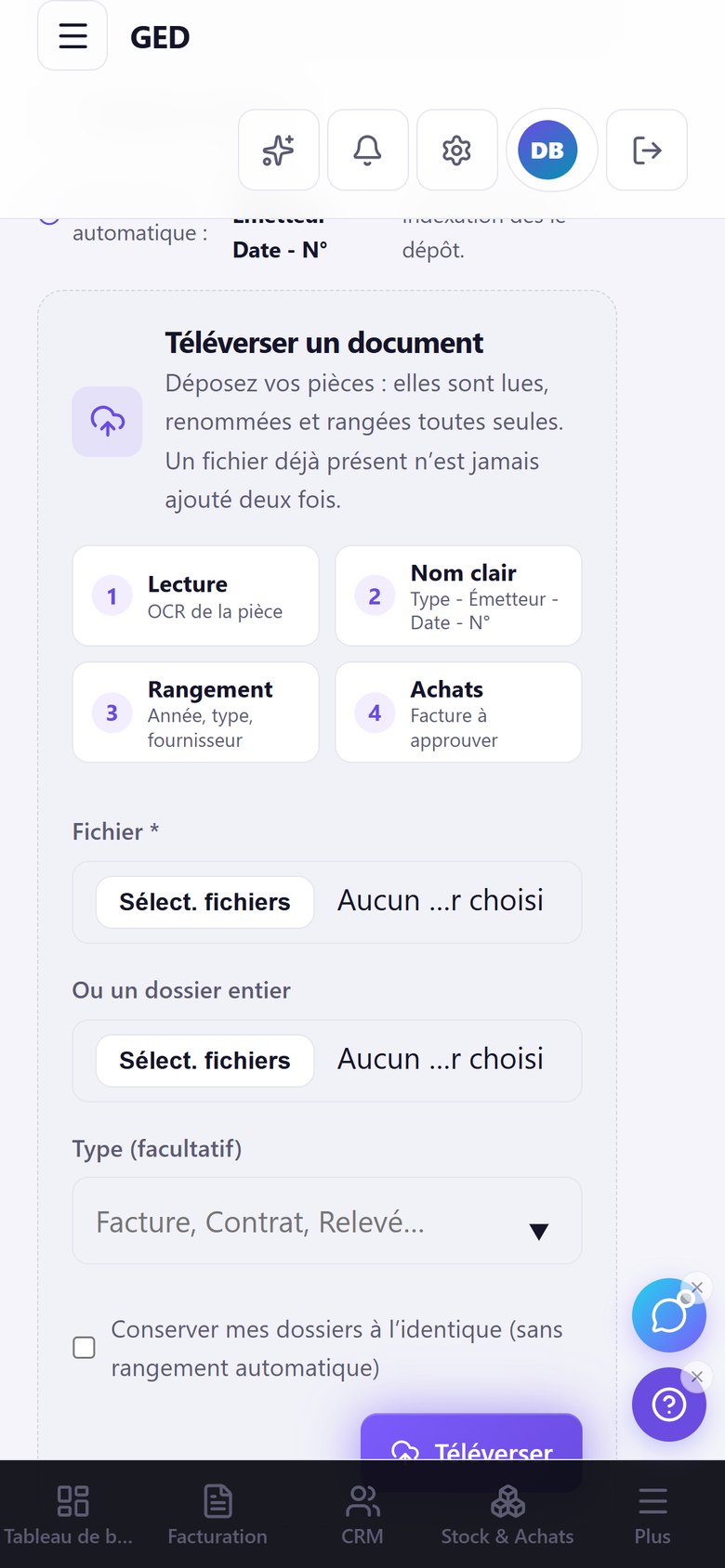 Écran réel ZenteQ : dépôt GED en quatre étapes, mode clair