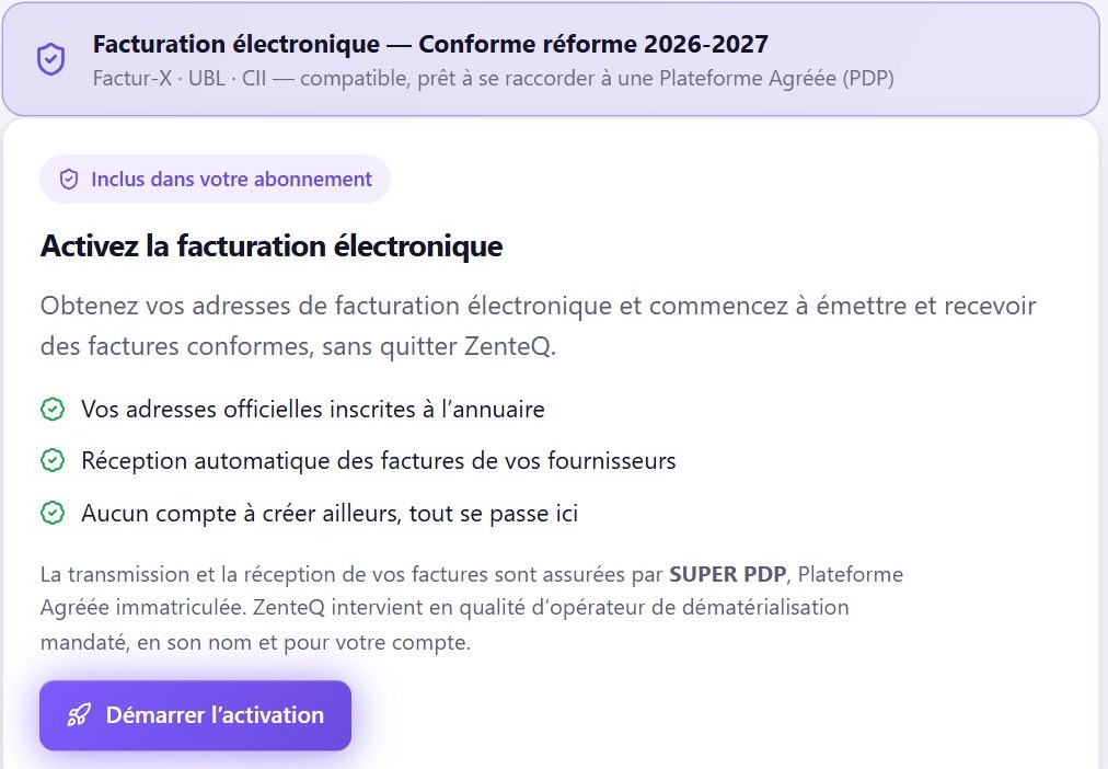 Écran réel ZenteQ : activation de la facturation électronique, raccordement actif, mode clair