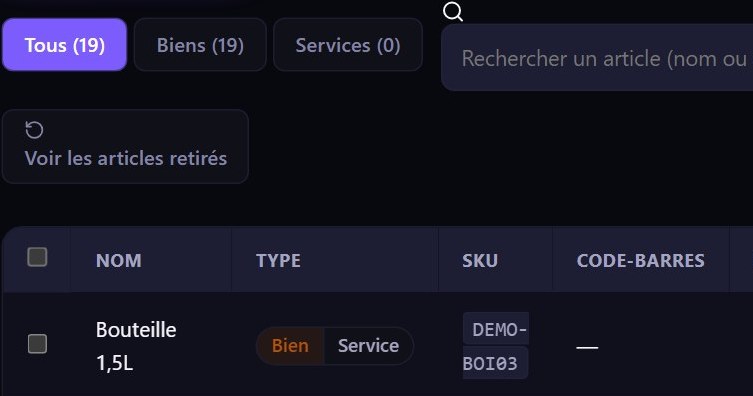 Écran réel ZenteQ : catalogue avec classement automatique biens et services, mode sombre