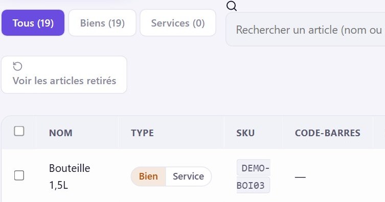 Écran réel ZenteQ : catalogue avec classement automatique biens et services, mode clair
