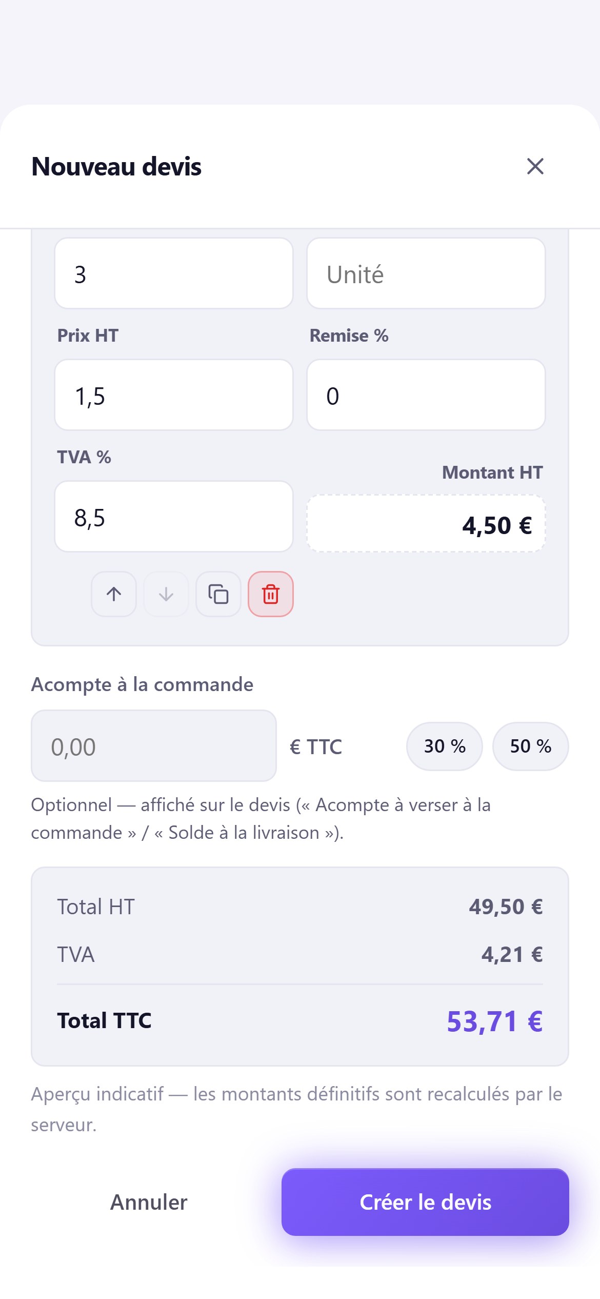 Écran réel ZenteQ : devis, TVA 8,5 % et totaux calculés, mode clair