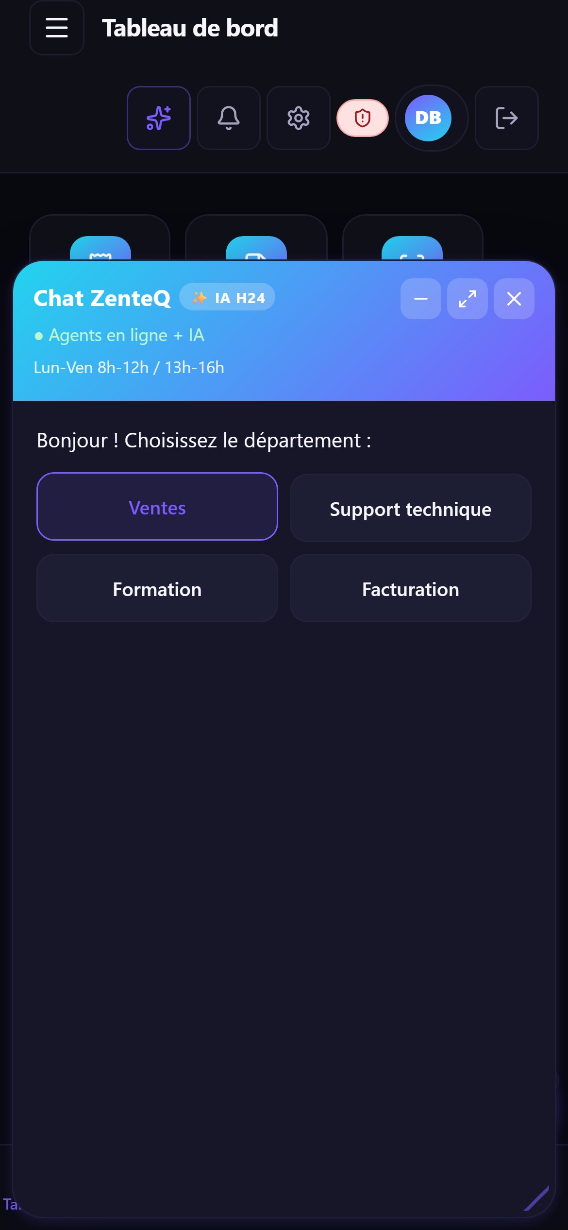 Écran réel ZenteQ : chat ZenteQ intégré, choix du service, mode sombre