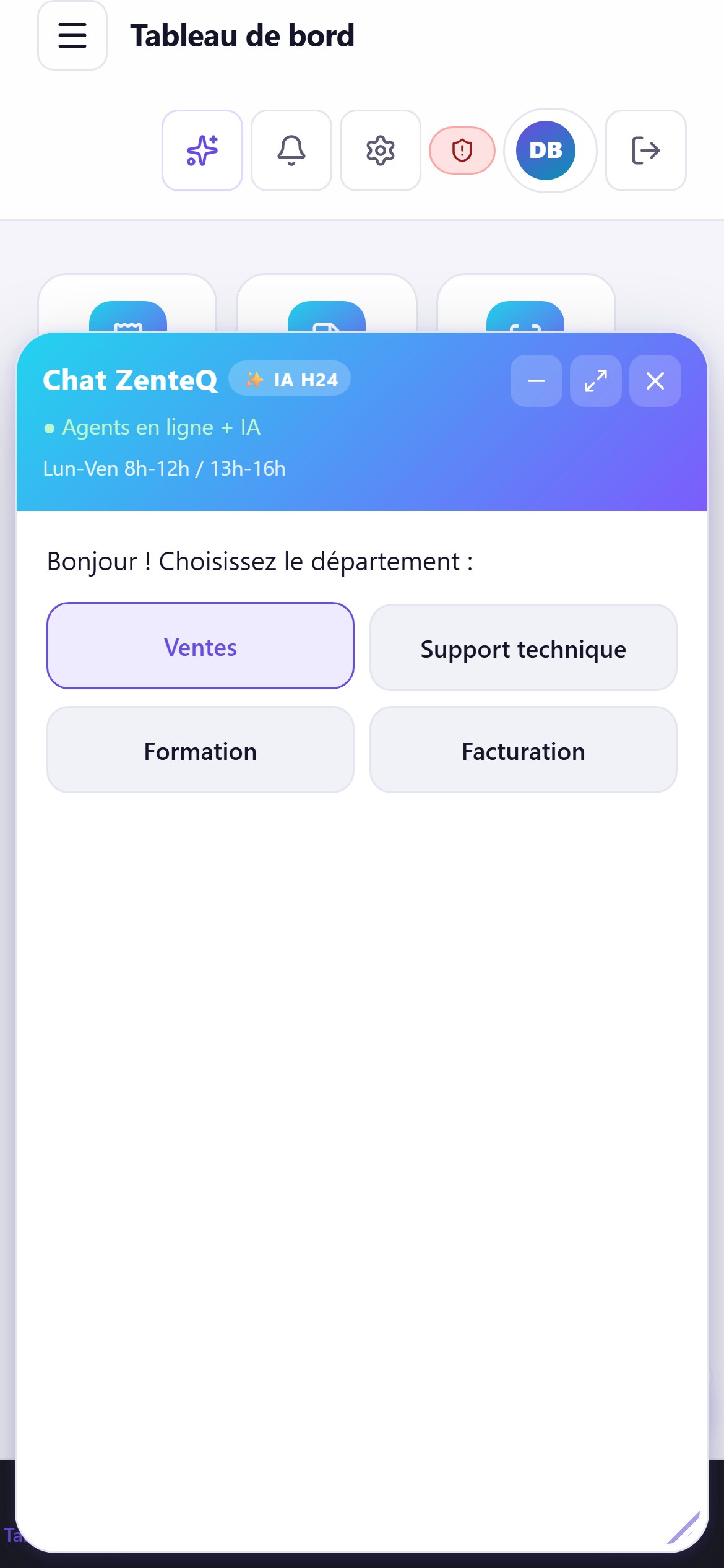 Écran réel ZenteQ : chat ZenteQ intégré, choix du service, mode clair