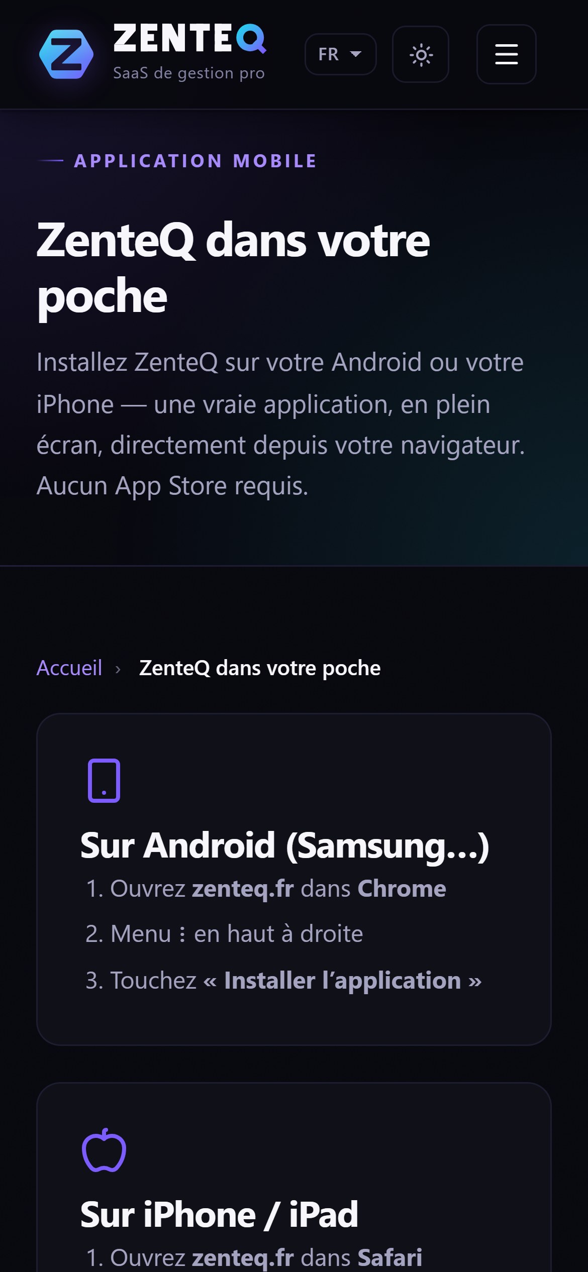 Écran réel ZenteQ : installer ZenteQ sur Android et iPhone, mode sombre