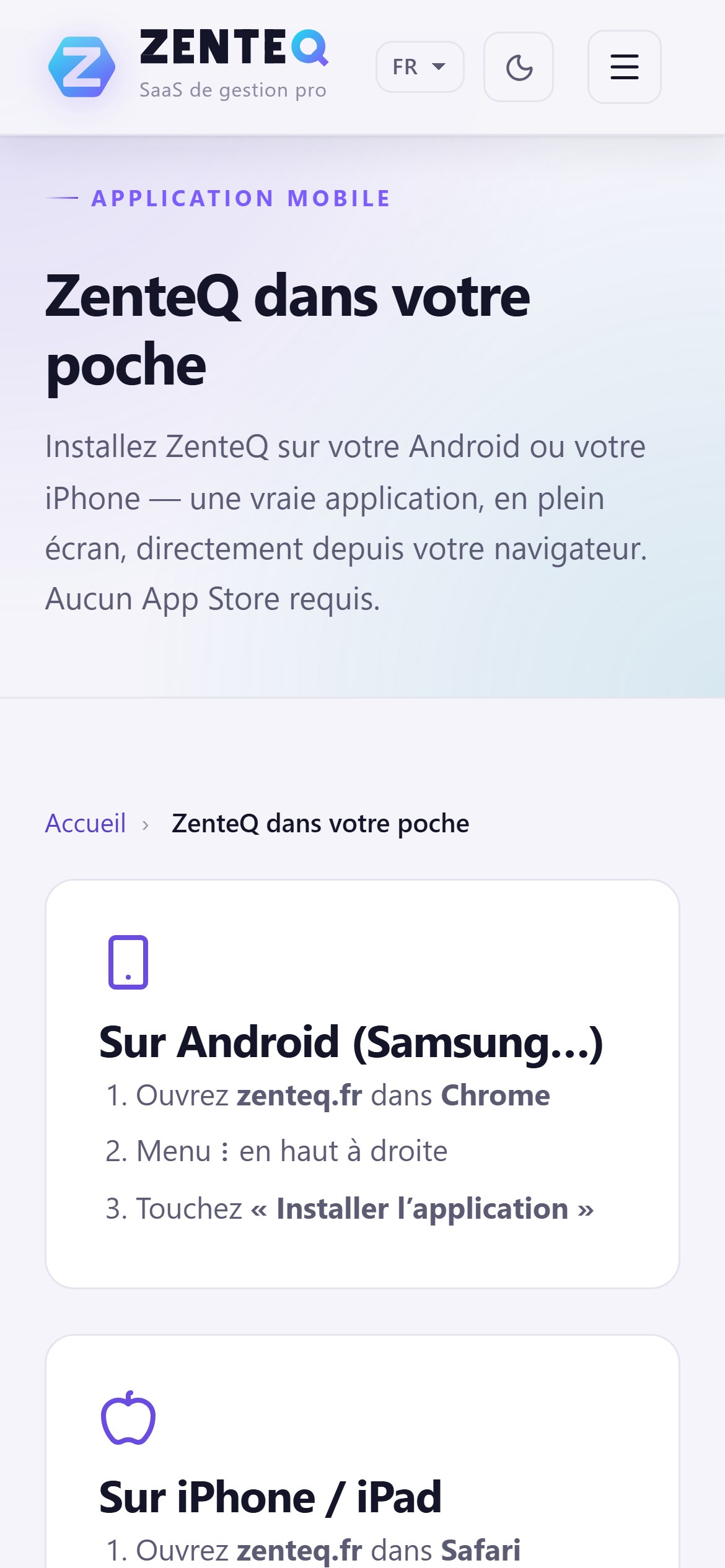 Écran réel ZenteQ : installer ZenteQ sur Android et iPhone, mode clair